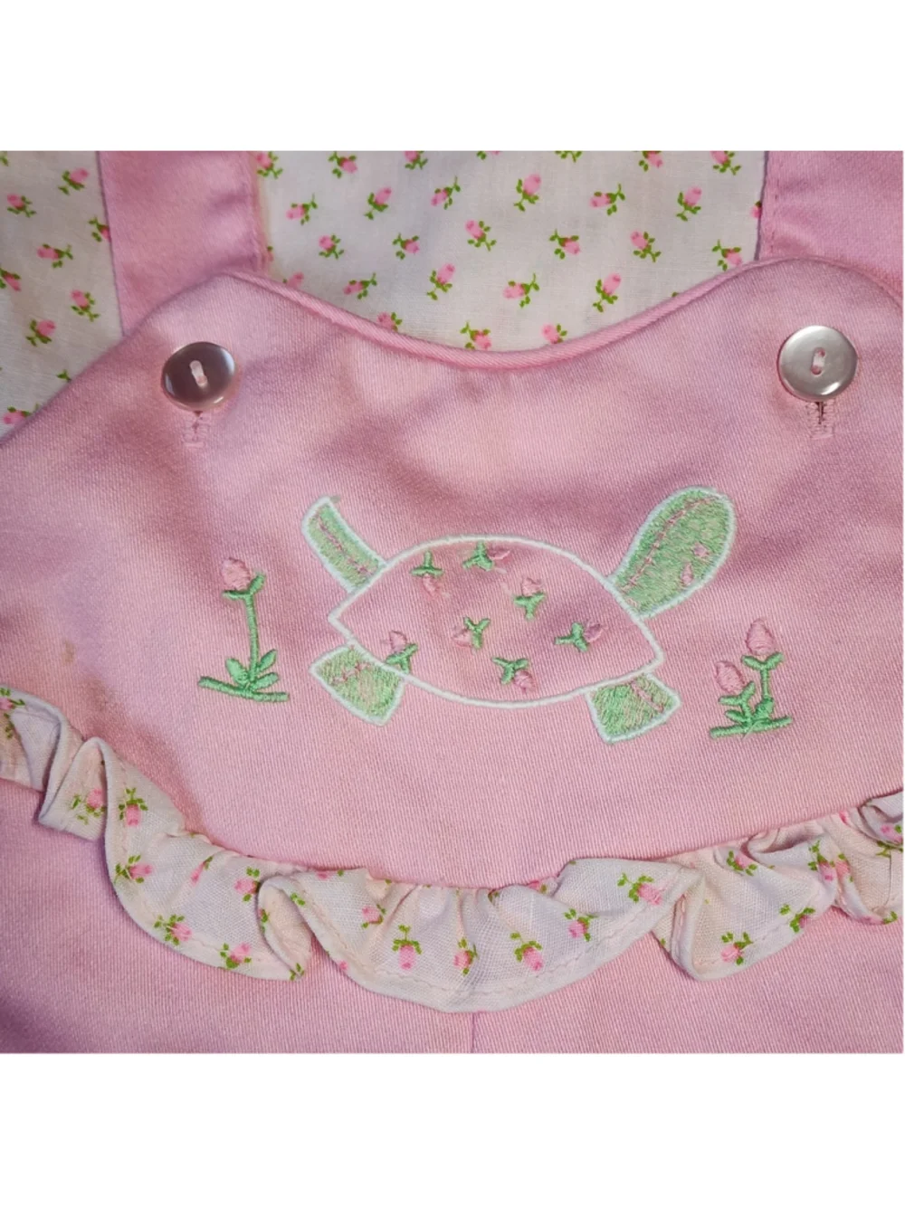 Vintage Toddler Baby Overalls Set 12 Months Pink Floral Embroidery Turtle Outfit